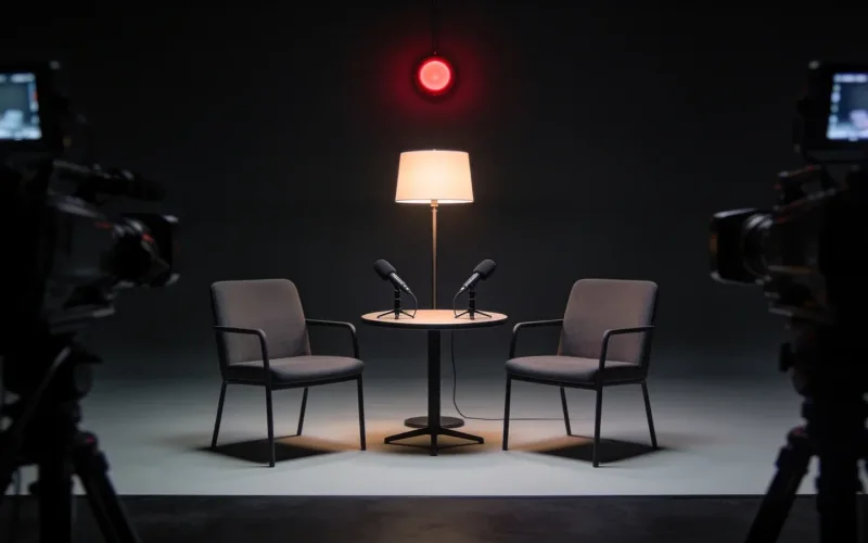 Video-Podcast: zwei Sessel am Tisch mit zwei Mikrofonen, davor zwei Kameras